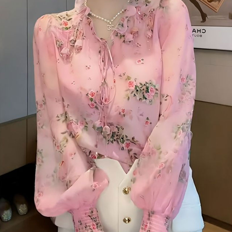 Tassel Fringe Trim - الكورية كسر الزهور المطبوعة بلوزة الموضة