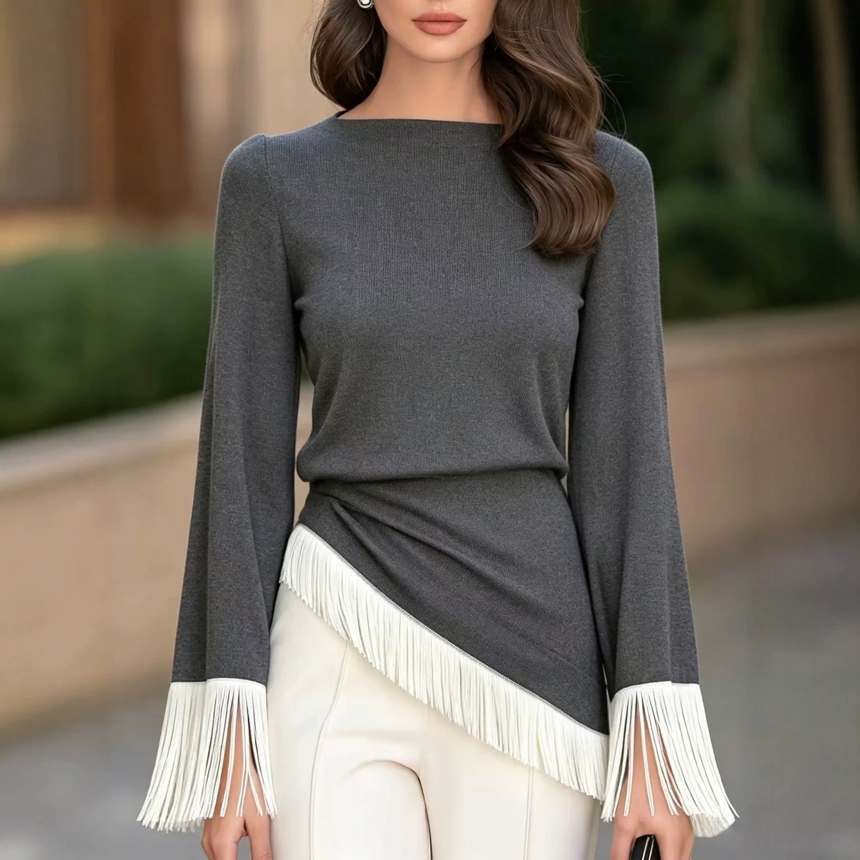 بلوزة نسائية بتصميم غير متماثل - مراجعة Tassel Fringe Trim وسعره