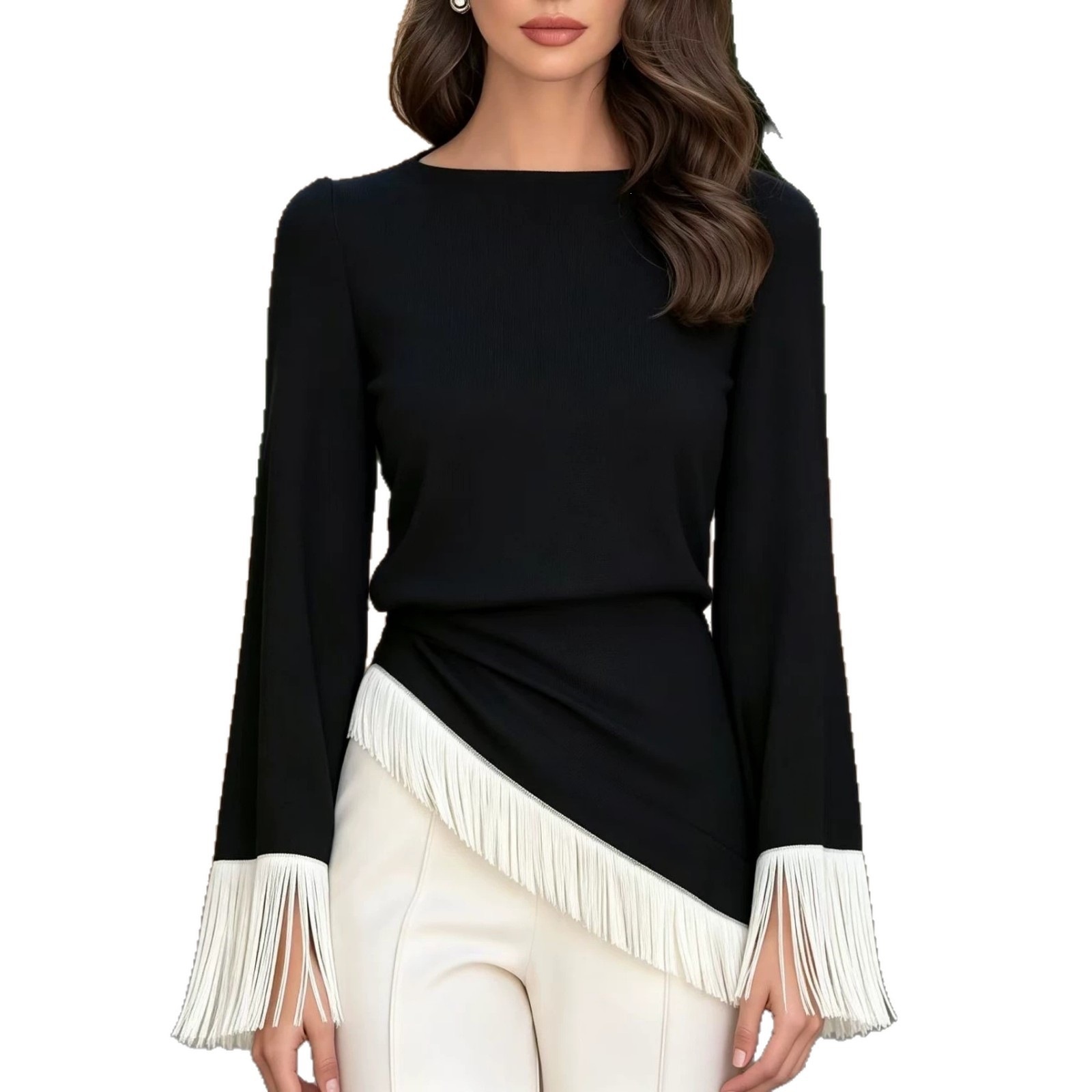 بلوزة نسائية بتصميم غير متماثل - مراجعة Tassel Fringe Trim وسعره